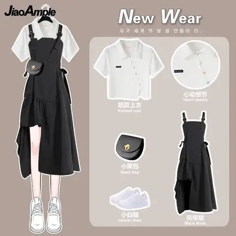 Women's Summer Dress Suit 2026 New Fashion Short Top+Irregular Strap Skirt Two Piece Korean Chic Short-sleeve Matching Set