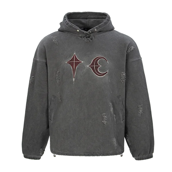 

Худи из сплит-кожи Thug Club 23fw, потертая толстовка с металлическим рядом, потертая и изношенная толстовка, 2024 нишевой дизайн, уличная толстовка унисекс