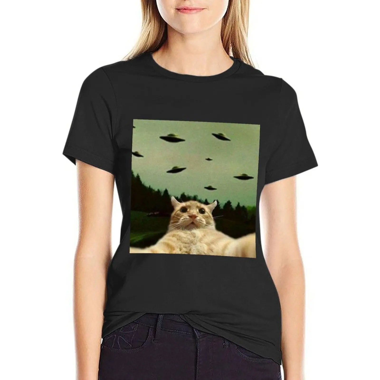 

cat selfie with ufo T-Shirt shirts graphic tees animal prinfor plus size tops plain Women's tops