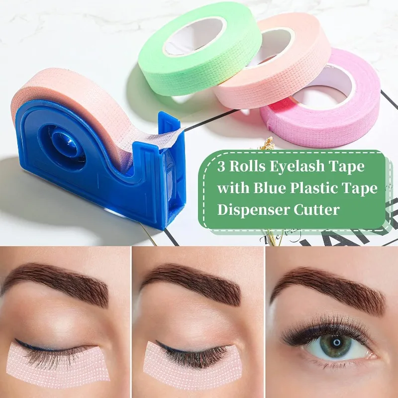3 Rolls Eyelash Tape for Lash Extensions with Dispenser Cutter Breathable Fabric PE Tape Under Eye for Sensitive Skin Eyelash