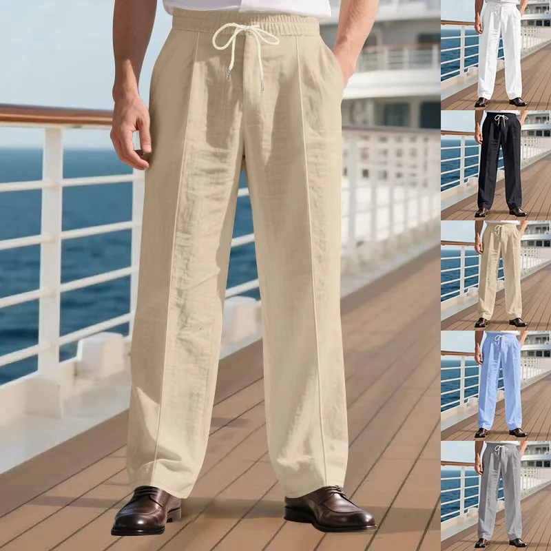 

Spring Autumn Cotton Linen Men's Casual Pants Simple Fashion Loose Strip Straight High Waist Elastic Pants Trousers