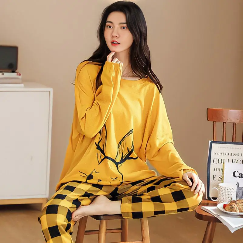 Women\'s Spring and Fall Pajamas Long-Sleeved Polyester Suit Kawaii Homewear Loose Sweet Girl Gift Floral O-Neck Cute Loungewear