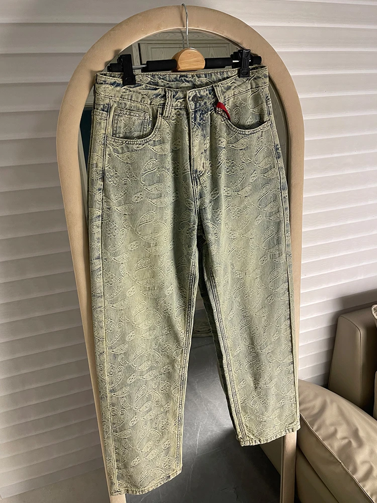

American Style Faded Denim Jeans Men's Summer High Street Trend Straight Loose Design Long Pants Cotton Polyester Blend