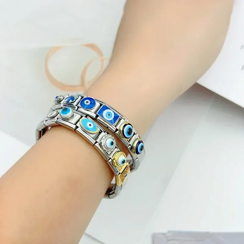 2025 Top Fashion Devil\'s Eye Cream Charm Italian Modular Links Fit 9mm Elastic Bracelet Stainless Steel Jewelry DIY Making