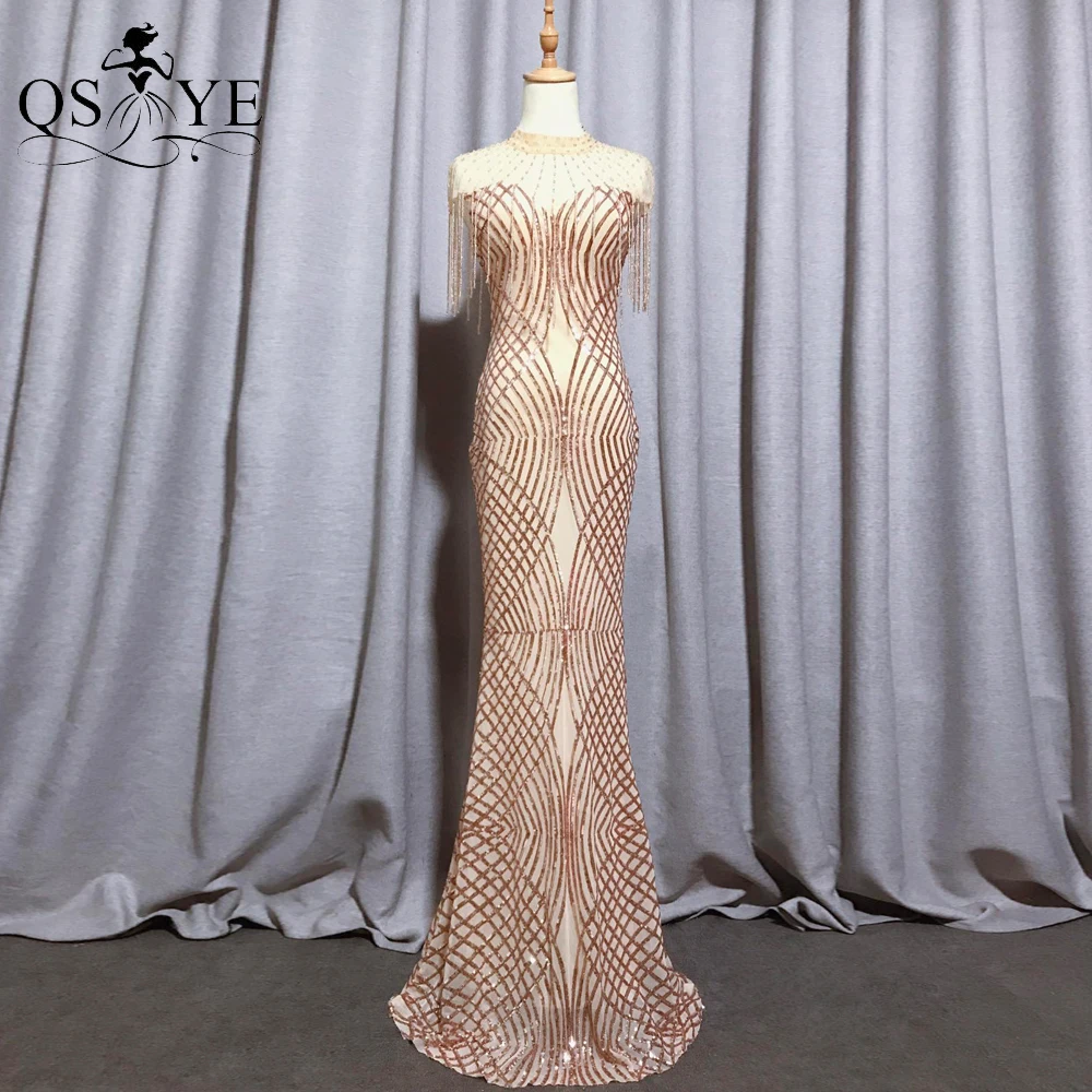 

Beaded High Neck Gold Evening Dresses Unique Pattern Lace Sequin Mermaid Long Prom Gown Beading Straps Elegant Formal PartyDress