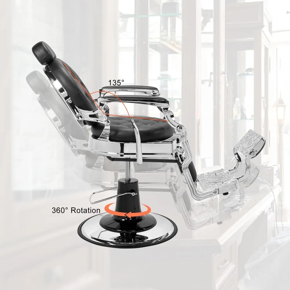 Chaise de barbier inclinable vintage robuste hydraulique avec appui-tête, supporte jusqu'à 700 lb et 360 ° Salon professionnel rotatif