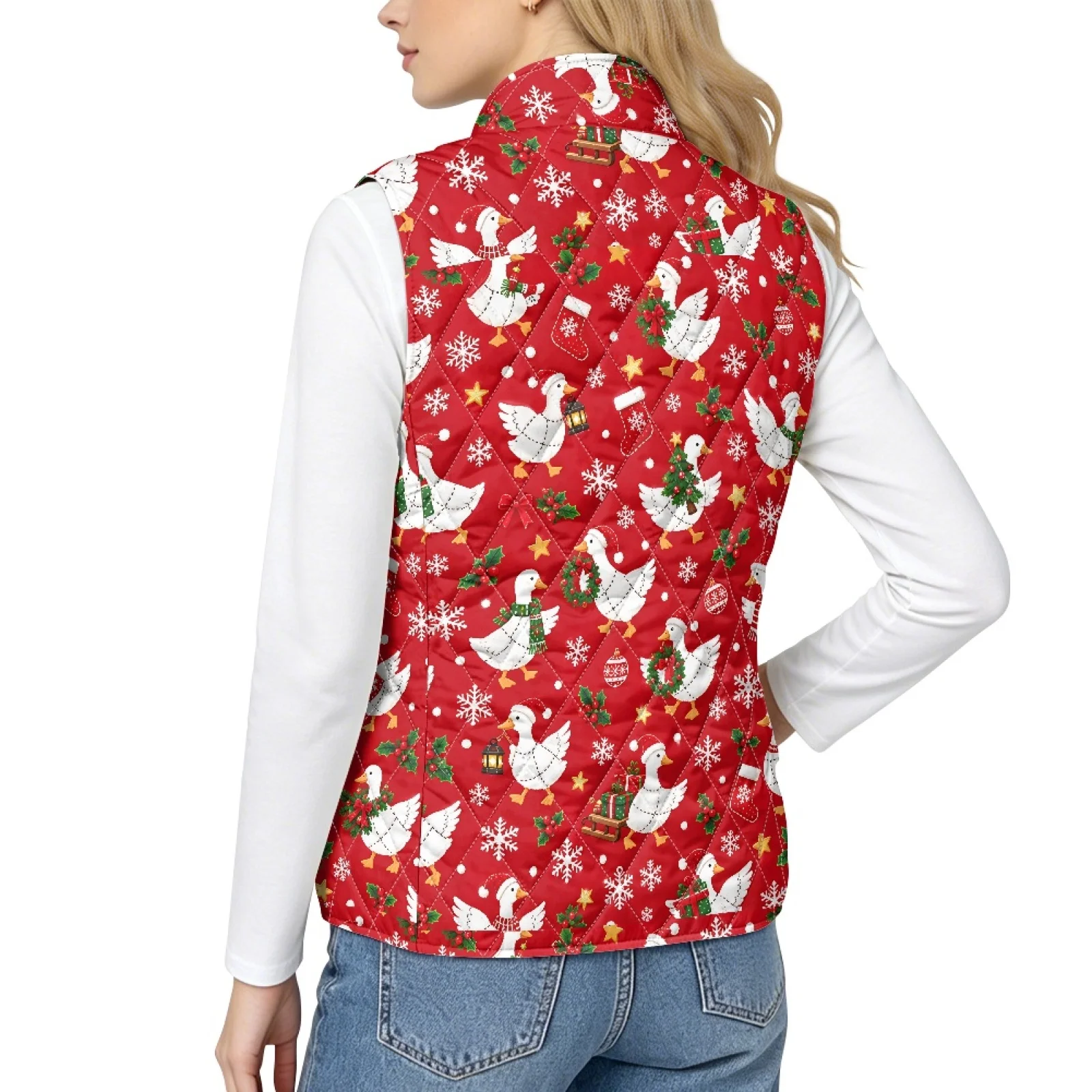 PENSTROLL Christmas Goose Print plus Size Quilted Vest 2Xl Layering Outerwear Vest Women's Quilted Vest for Golf Outdoor