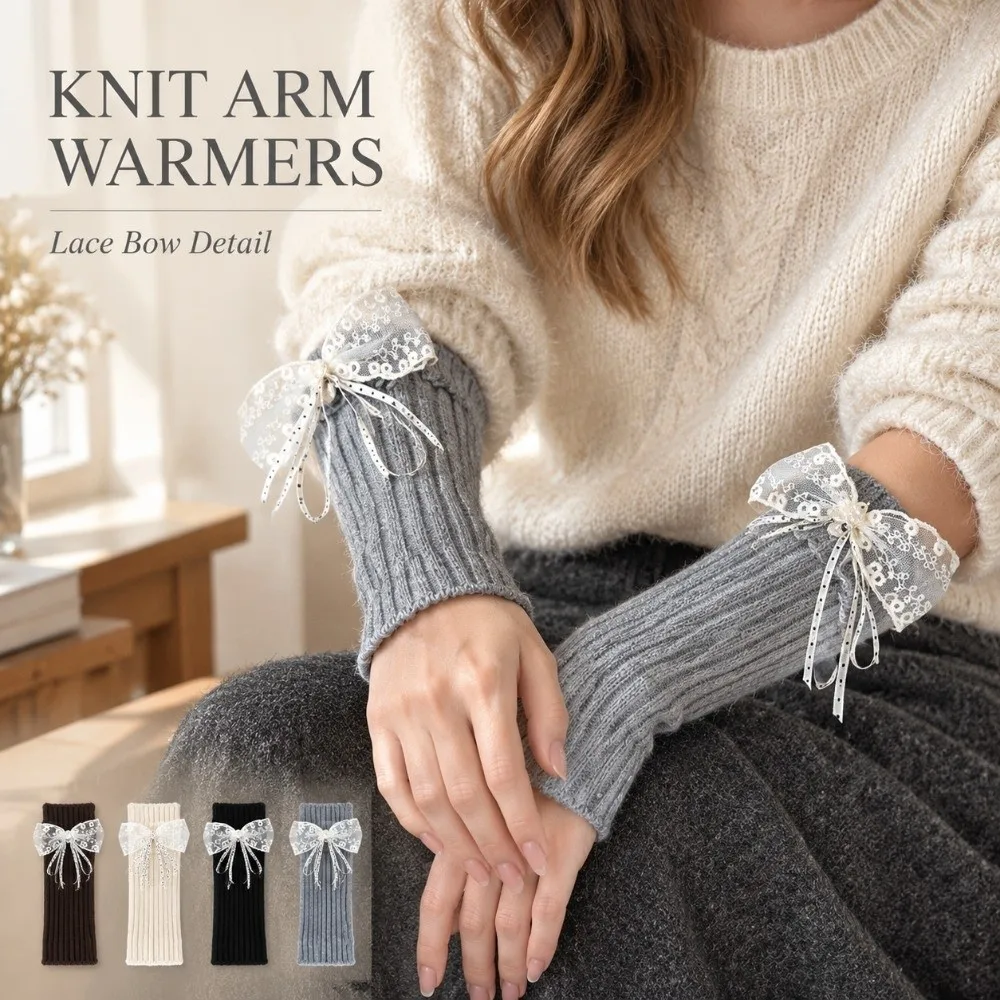 Cute Thick Knit Knit Arm Warmers Lace Bow Thermal Lace Wrist Cuffs Balletcore Winter Weight Thermal Hand Sleeves For Girls