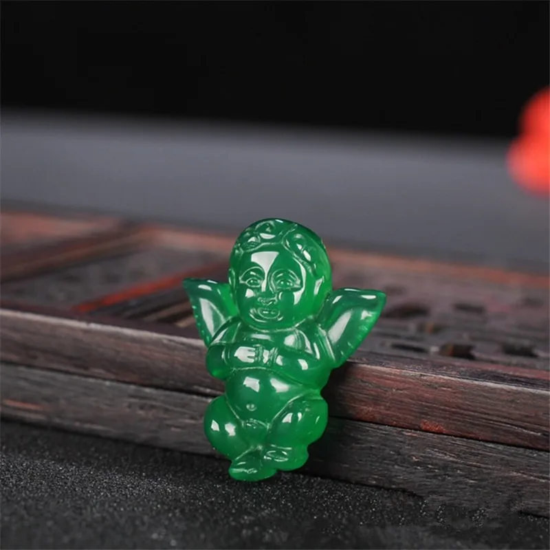 

Natural Green Chalcedony Hand Carved Angel Pendant Fashion Jewelry Men's and Women's Green Agate Angel Necklace