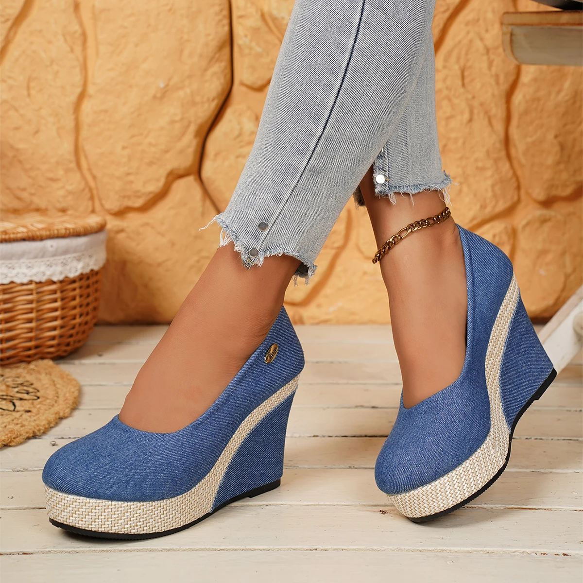 

Women Pumps Woven Rope Thick Heel Slip-On Shoes Women Pointed Toe High Heels Summer Casual Shoes Rubber Sole Comfortable Pumps