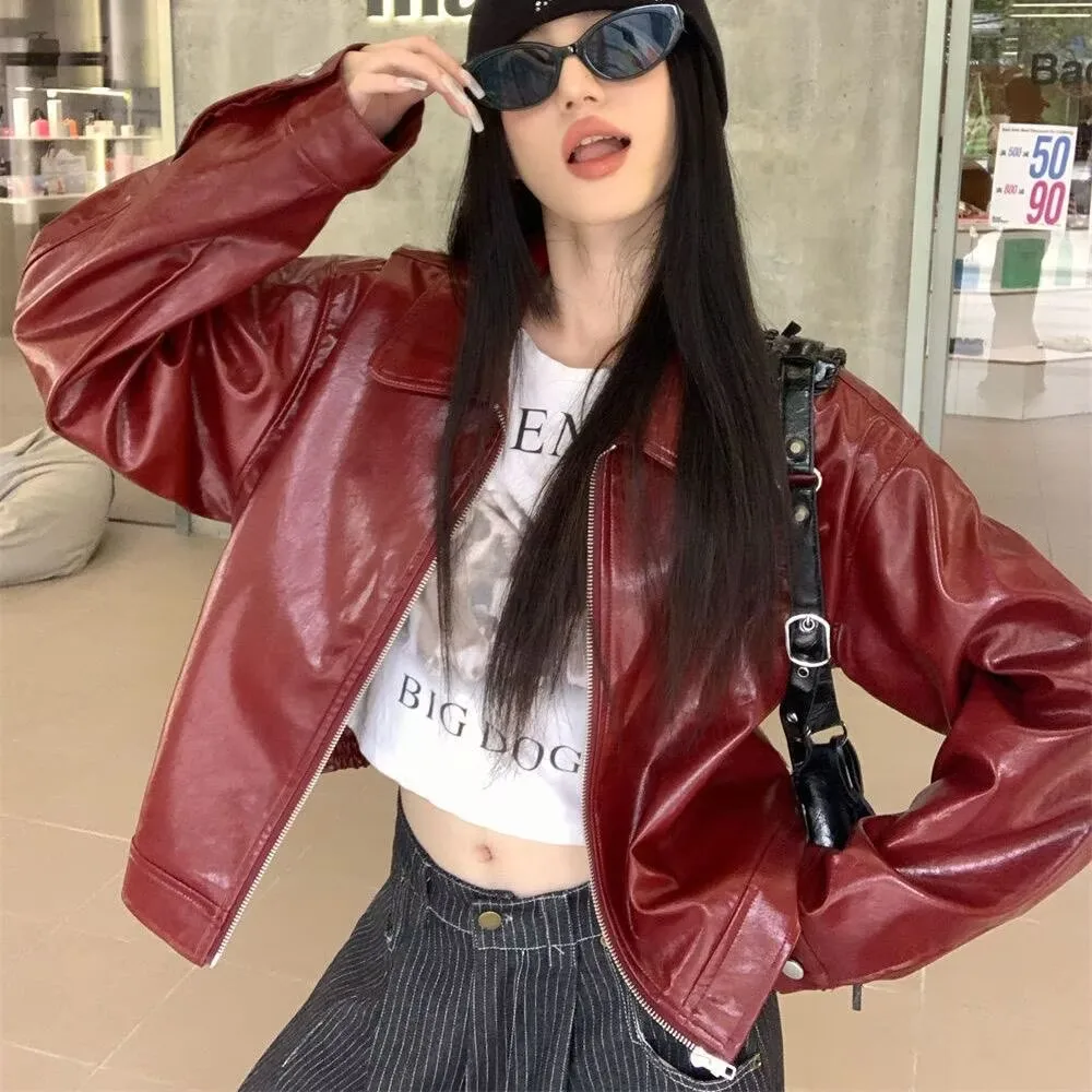 Leather Jacket Women's Jacket Red Leather Coat Women's Autumn  this year's Fashion Coat High-grade Sense Super Nice Ladies Coat