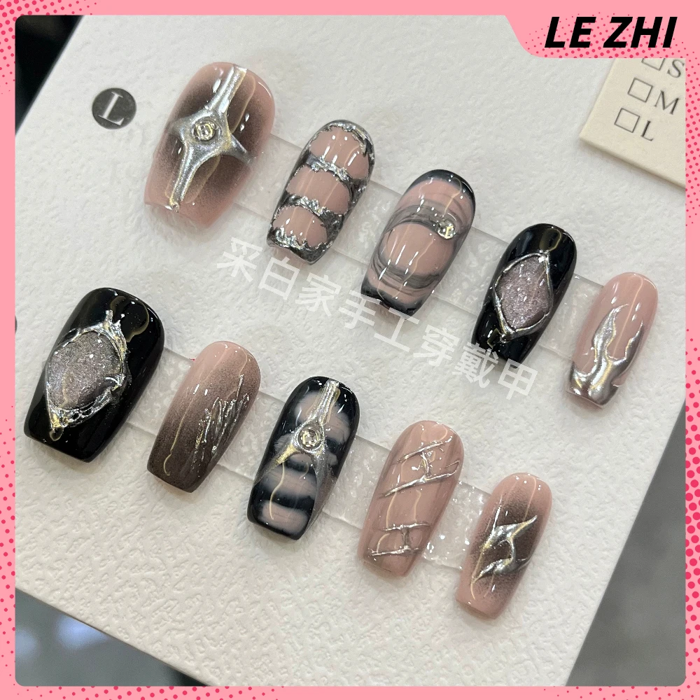 10Pcs Sweet Cool Long Coffin Handmande Wearable Nail 3D Flower Rhinestone Pearl Magic Mirror Powder Design Party Nail Sticker