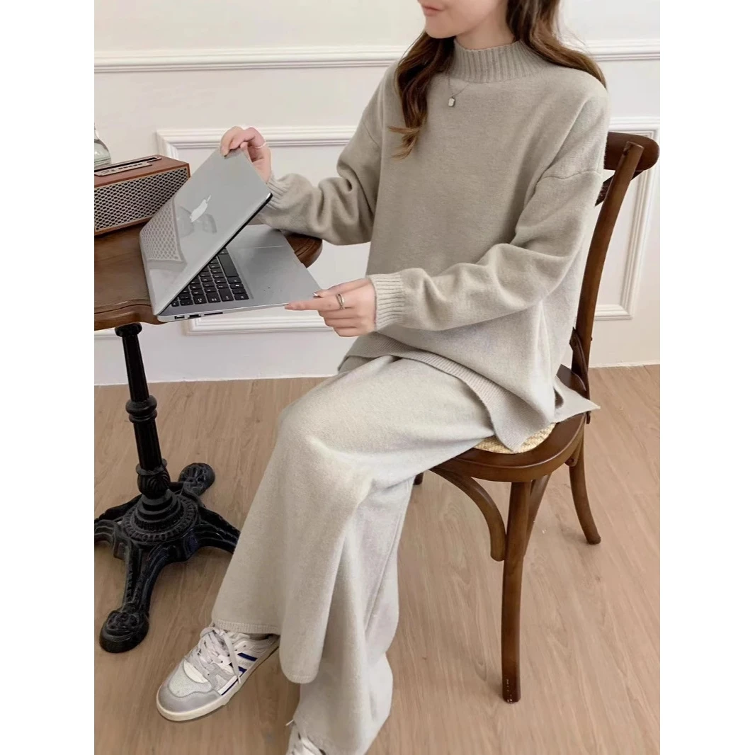 

Свободный длинный свитер с высоким воротником и разрезом Sve, осень-зима, новые женские удобные широкие брюки больших размеров Faion