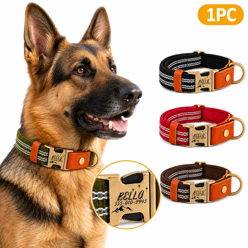 Personalisiertes Hundehalsband mit Gravur, Bronze-Metallschnalle, reflektierendes Nylon-Haustier-ID-Halsband für kleine, mittelgroße und große Hunde