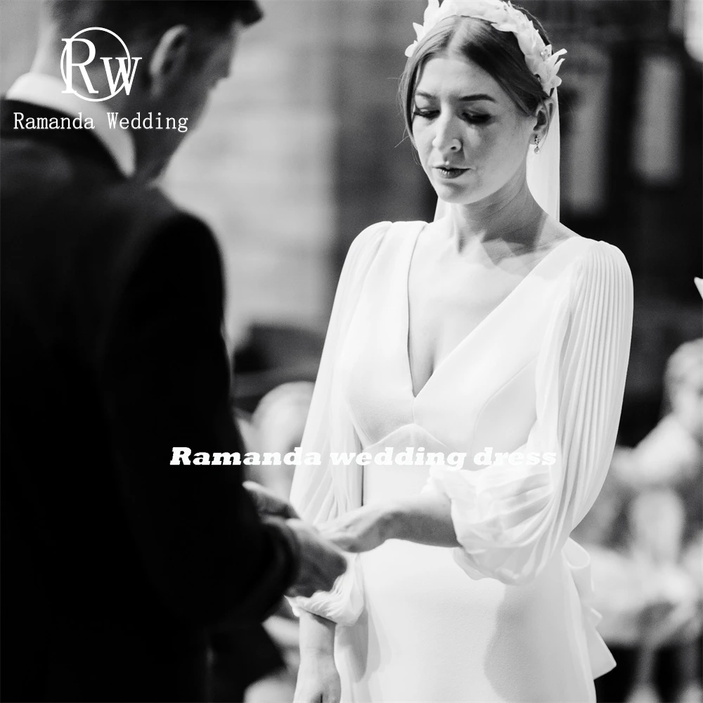 Ramanda Customized Simple Puff Sleeves Deep V-Neck Mermaid Wedding Dress Women Backless Floor-Length Sweep Train Ruffles 2025