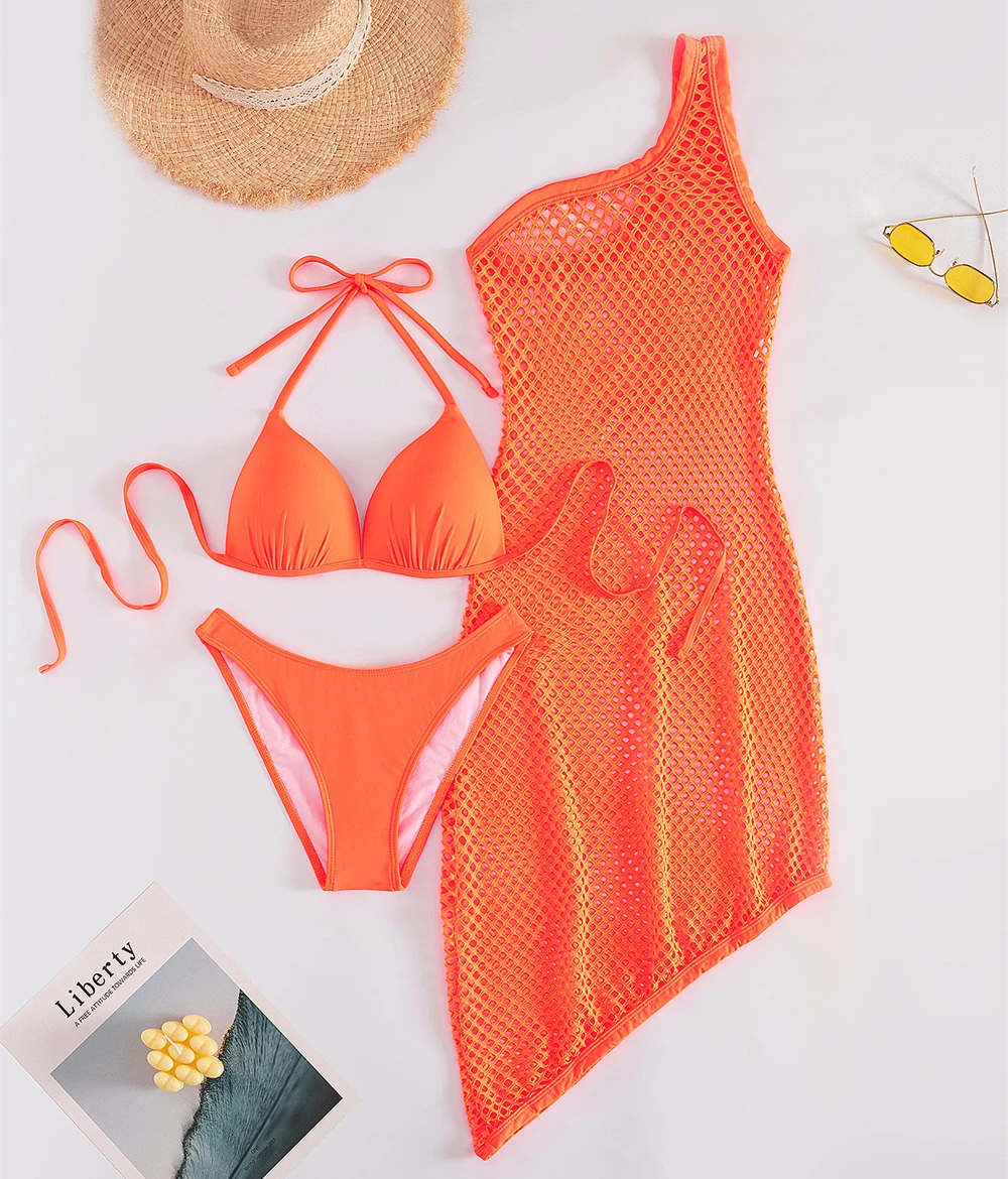 Para Praia Halter ชุดบิกินี่สามชิ้นหนึ่งไหล่ Hollow Out Cover Up ชุดว่ายน้ําสตรีชุดว่ายน้ําหญิงชุดว่ายน้ํา