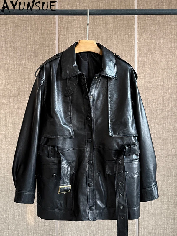 AYUNSUE 100% Genuine Sheepskin Women's Coat 2025 Autumn Mid Length Trench Coat Woman Clothes Leather Jackets with Belt 가죽자켓 여성