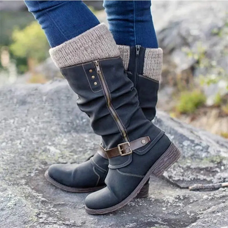 Winter Women Long Boots Round Toe Low Heel Mid-Calf Boots Knitted Patchwork Side Zipper Lace-Up Female Motorcycle Boots Botas