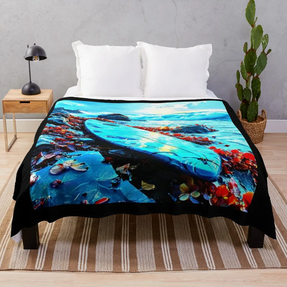 Surfboard Sunrise Throw Blanket Beach Sofas Furry Blankets