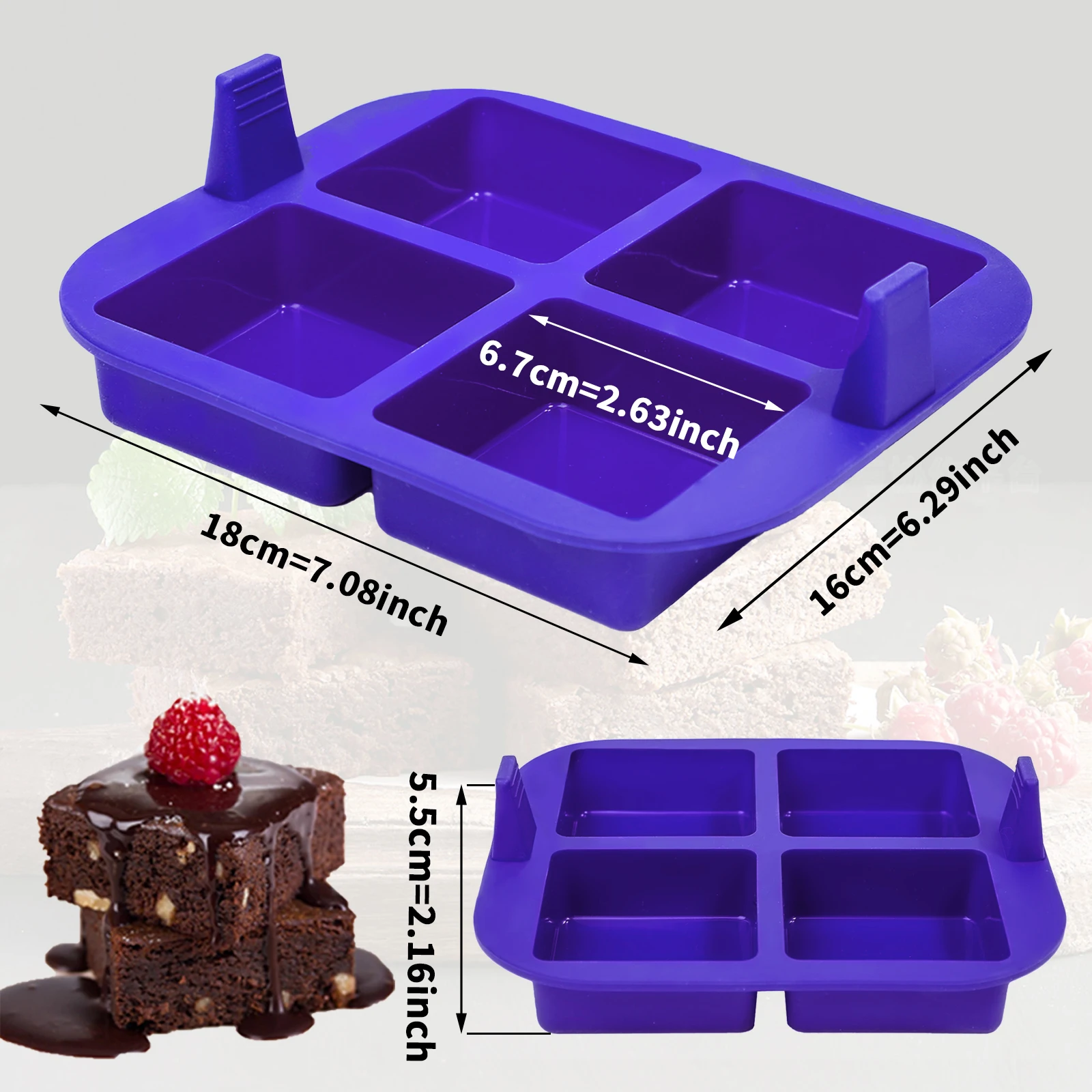 2 Pack Silicone Brownie Baking Molds, Purple 4‑Cavity Square Cake Mold with Handle, Non‑Stick Baking Pan for Air Fryer Oven
