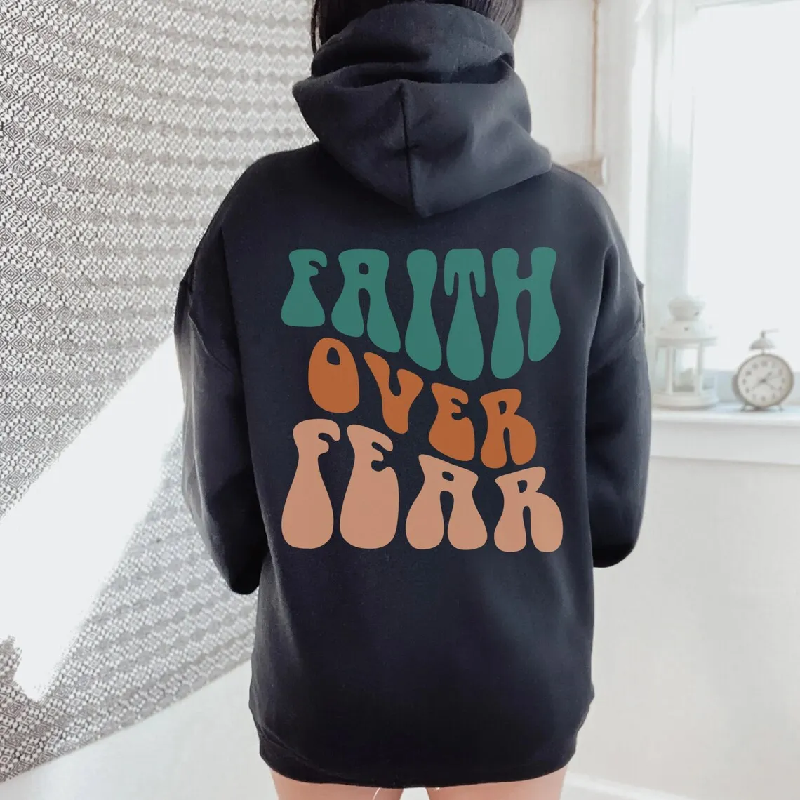 Colored Faith Over Fear Christian Hoodie Retro Women Long Sleeve Jumper Inspirational Pullovers