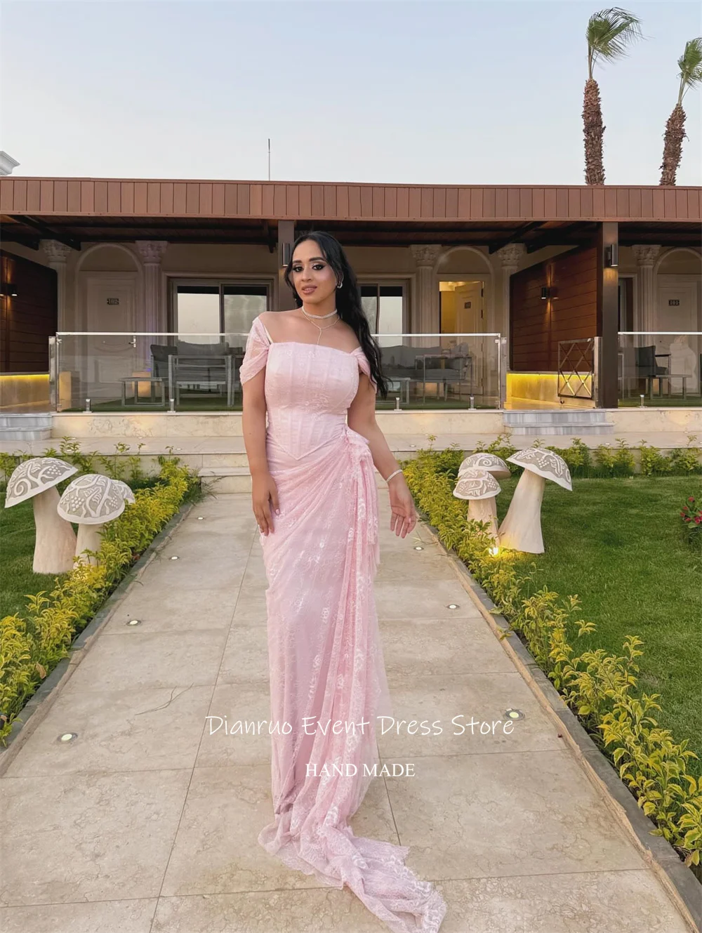 Dianruo charmante rose épaules dénudées robes De soirée dentelle Appliques robes De Noche froncé sirène robes De bal 2025 personnalisé