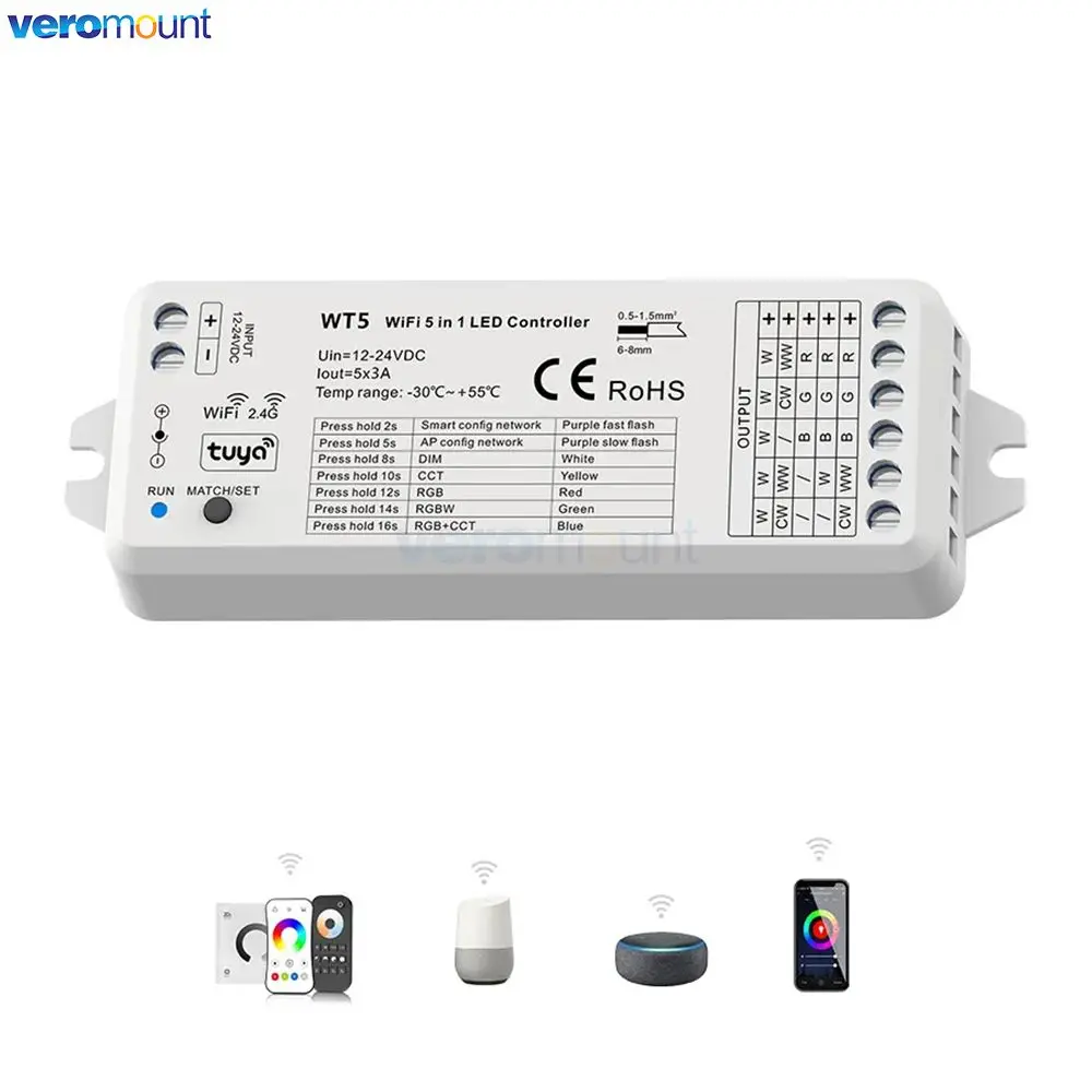 WT5 RGBCCT Controller LED 12V 24V DC 5 in 1 Dimmer RGB CCT RGBW RGBWW Strip Tuya Smart Wifi Voce Cloudy 2.4G RF Telecomando