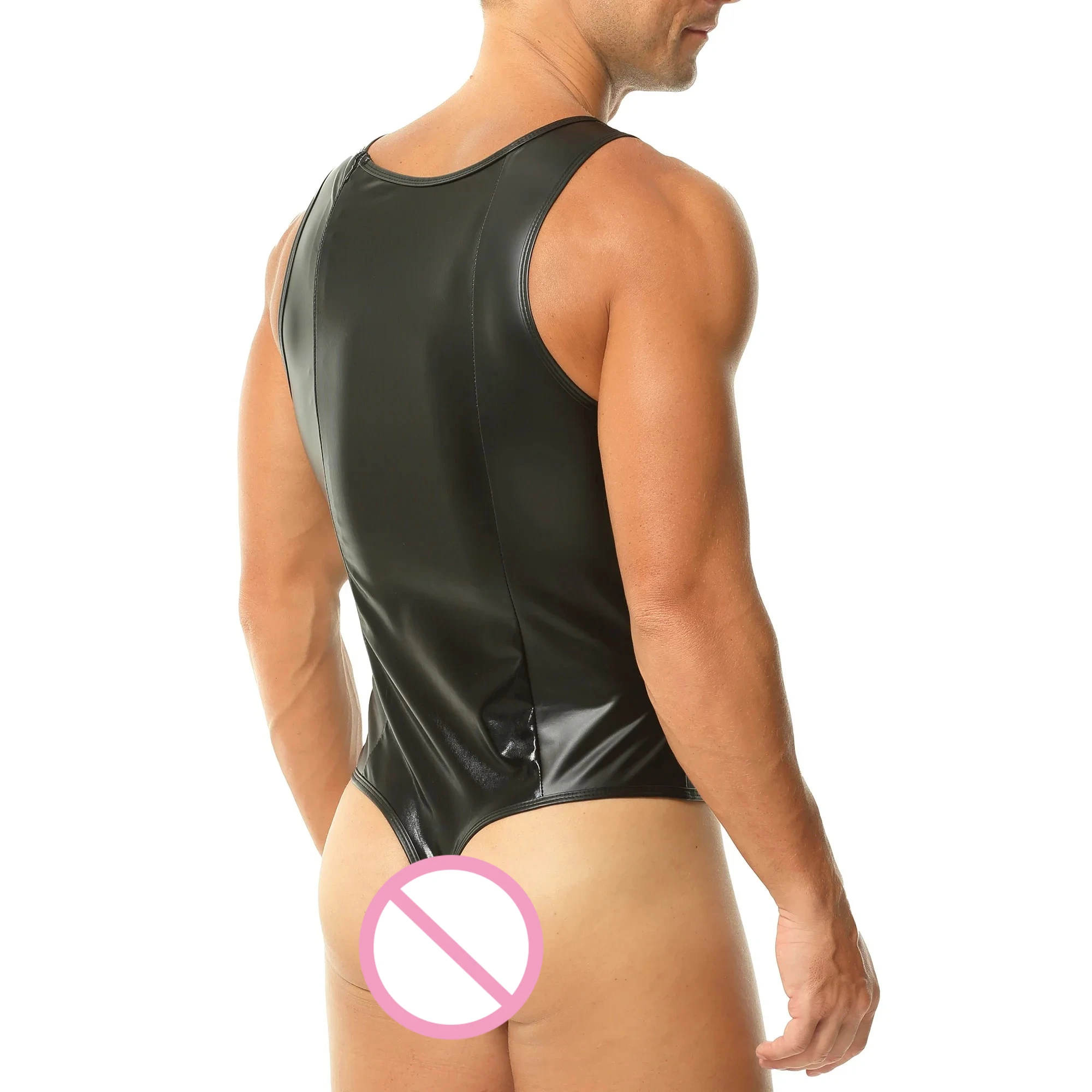 

Sexy Sleeveless Stretchy Jumpsuit Men’s Faux Leather Bodysuit with Back Zipper Thongs Leotard Male One-piece Slim Undershirts