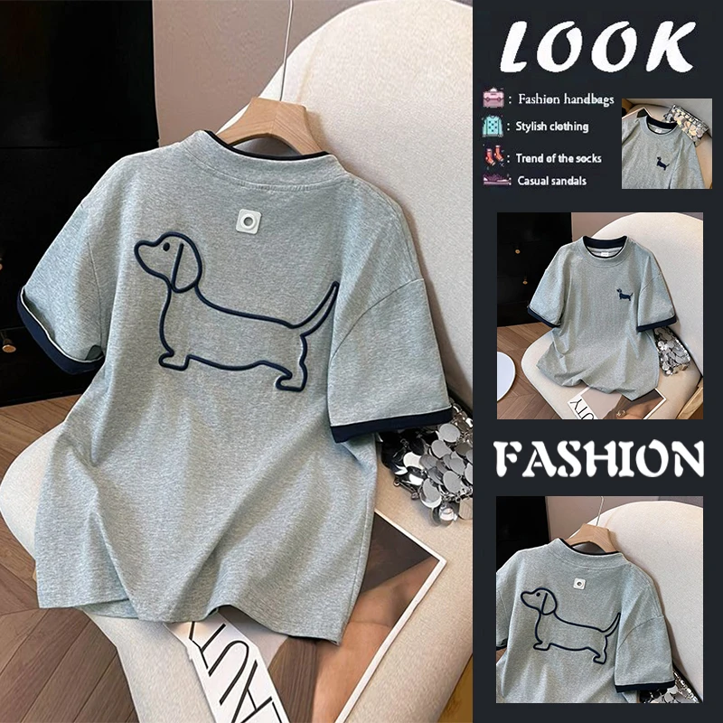 

Embroidered Dog Short Sleeve T-Shirt Women Summer New Loose Top Breathable Fashion Sun Protection Clothing Commute Style roun...