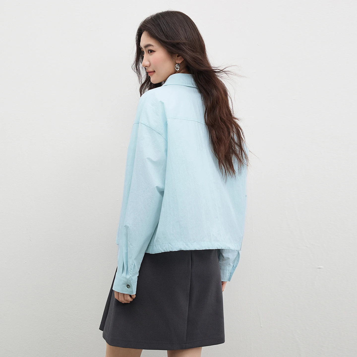 SENTUBILA Oversized Shirt Jacket for Women 2026 Spring Shacket Shell Button Embroidered Letter Drawstring Loose Top W61WF5994
