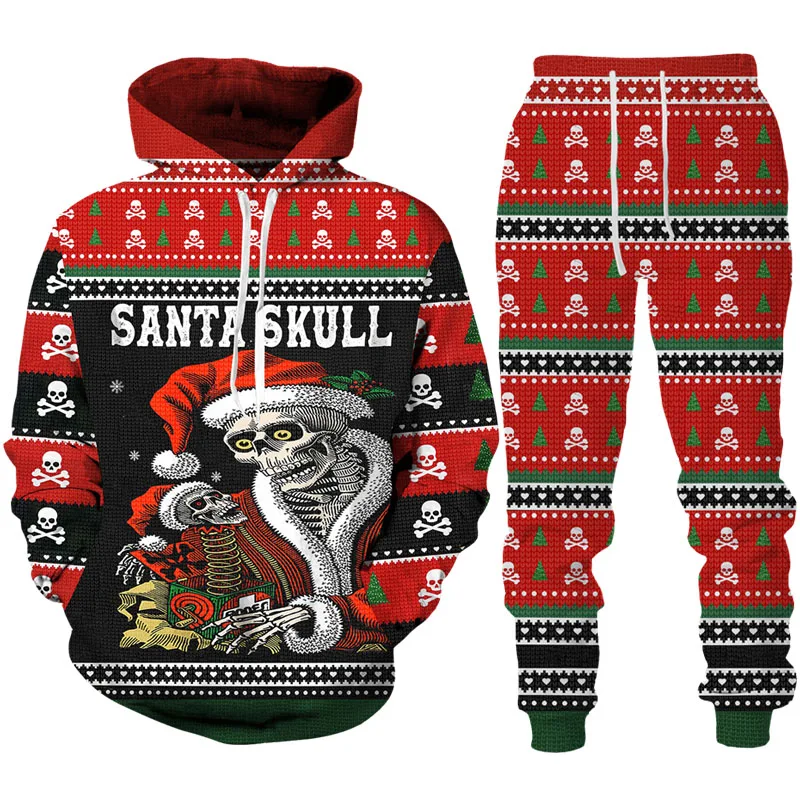 New 3D Printing Christmas Skull  Fashion Men Women Tracksuits Crewneck  Hoodies+pants Plus Size S-7XL Harajuku