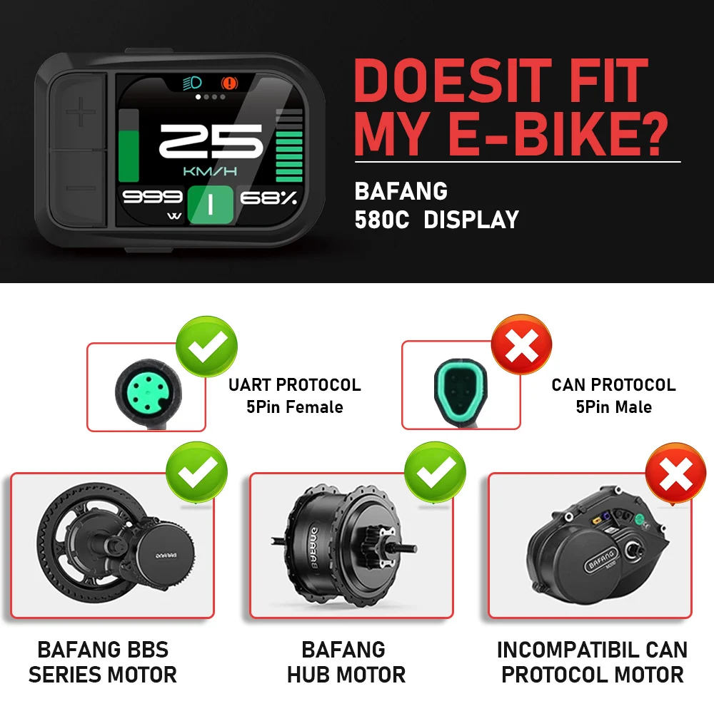 Ebike LCD Display 580C UART HMI for Bafang Mid Drive Motor BBS01 BBS02B BBSHD Conversion Mid Motor With 5 Pin Female Plug