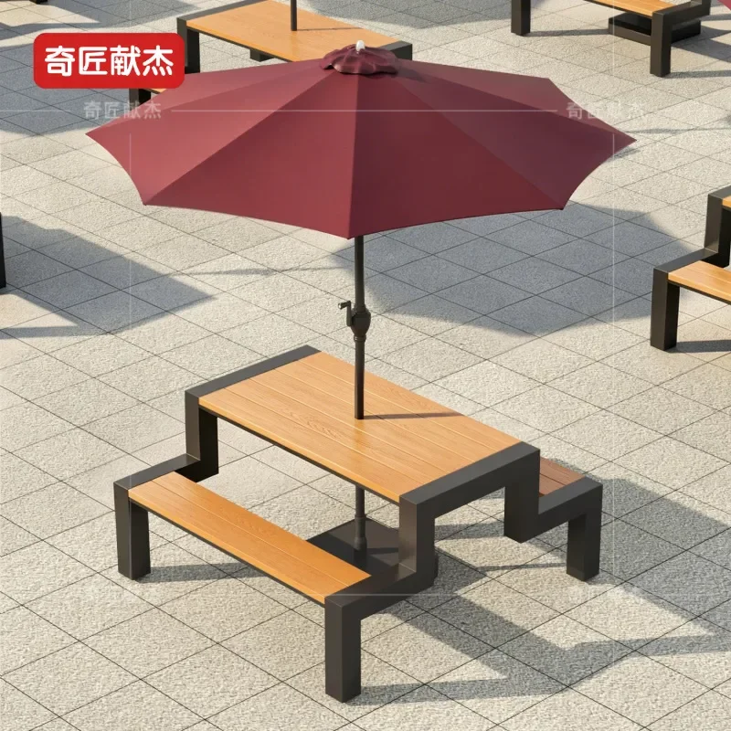 Black Square Tube Integrated Plastic Wood Table and Chair Set Waterproof Sunproof Outdoor Commercial Balcony Scenic Area Long