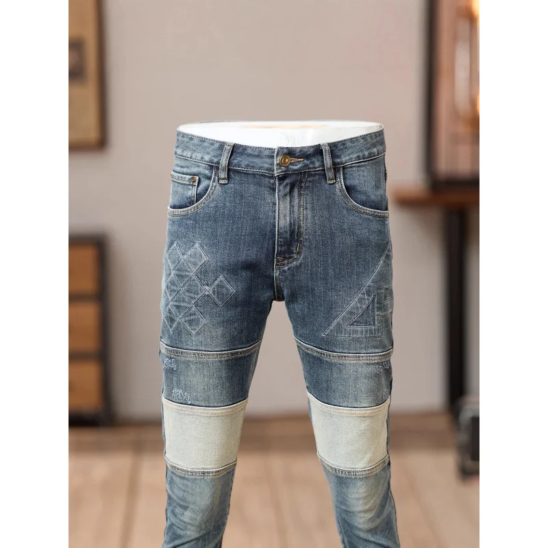 

Легкие роскошные модные джинсы для мужчин, трендовый принт в стиле ретро, эластичный приталенный крой, небольшая версия, красивые уличные брюки