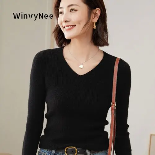 WinvyNee Women Clothing  Slim Sweater Long Sleeve Top V Neck Merino Wool Sexy Jumper Soft Warm Knitwear Pullover Winter A1263002