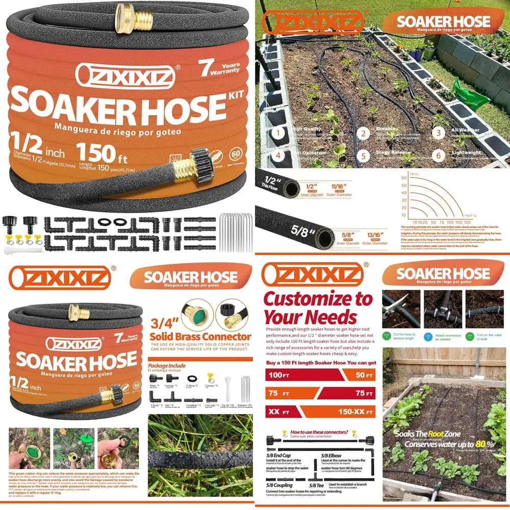 

Сверхмощный шланг 150 футов 1/2 дюйма с латунным разъемом 3/4 дюйма — герметичная система полива сада для газонов и садов