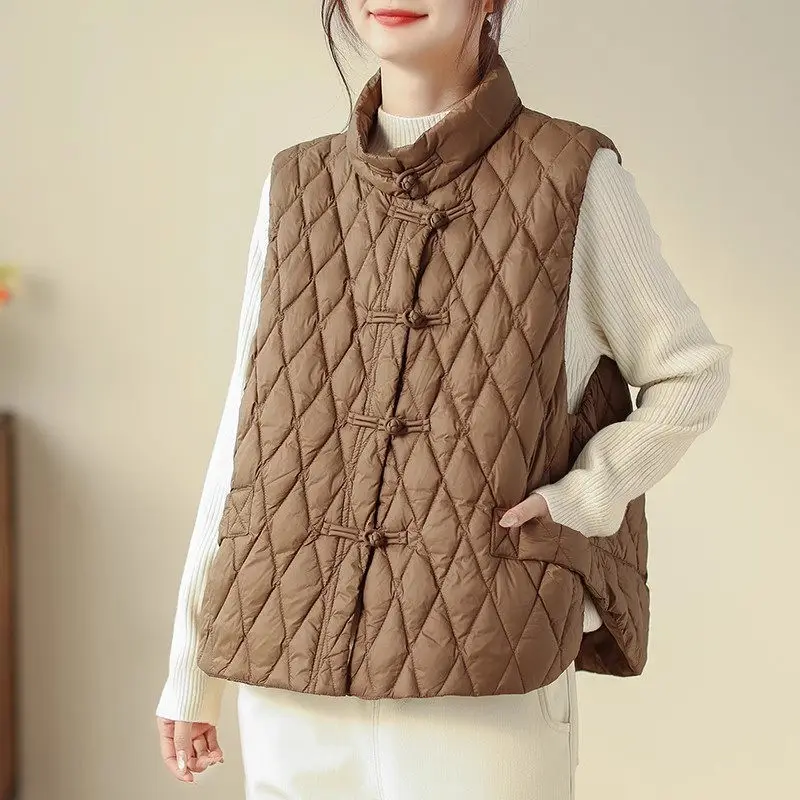 Retro Women Vest 2023 Autumn/Winter Disc Buckle Lightweight Down Cotton Coat Stand Collar Sleeveless Waistcoat Jacket Z4370