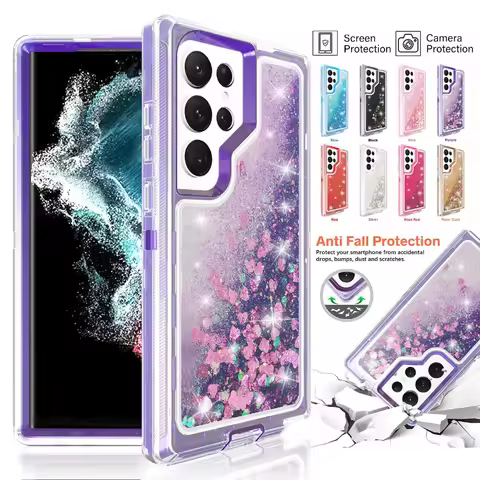 For Samsung S23 S22 S21 S20 Ultra Note 20 10 S10 Plus Liquid Glitter Quicksand Case Heavy Duty 3 Layers PC+TPU Protection Cover