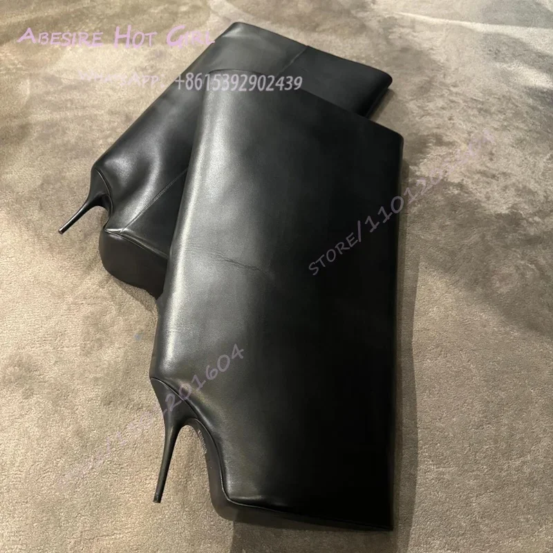 

Big Loose Calf Straight Knee Black Boots Women Fashion Pointed Slip On Catwalk Spring Hard Leather Shoe Girls Party Club Booties