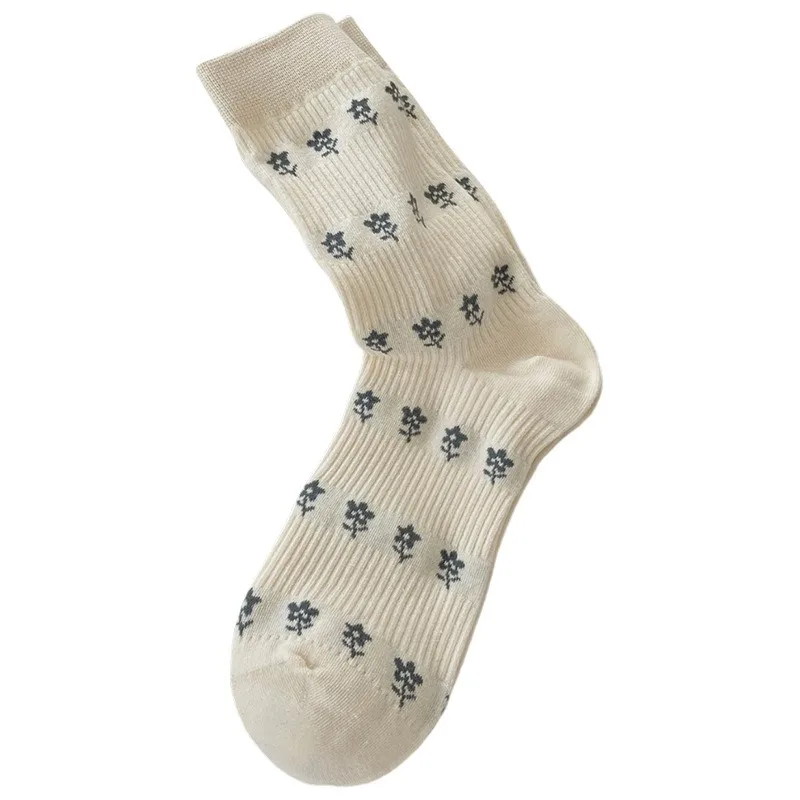 6켤레 2025 그레이 양말 세트 디자이너 여성용 미드 튜브 코튼 양말 여성 가을 겨울 꽃 리본 롱 양말 고품질