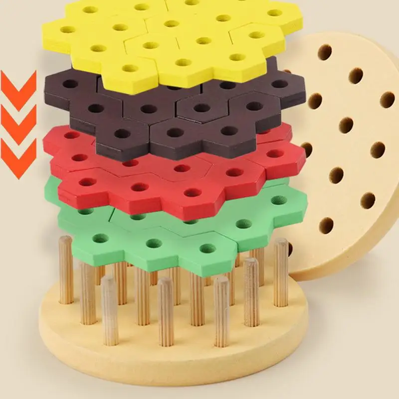 Drewniane klocki do budowania Hamburgery Zabawka do budowania Sześciokątne klocki do układania Puzzle dla przedszkolaków Gra planszowa do wczesnej nauki