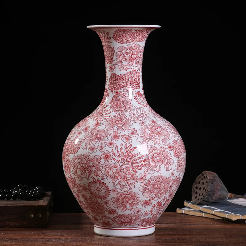 

36cm Jingdezhen Half hand-painted Fenshui Glazed Red Ceramic Decorative Vase Home Furnishing Living Room Chinese Home Crafts Orn