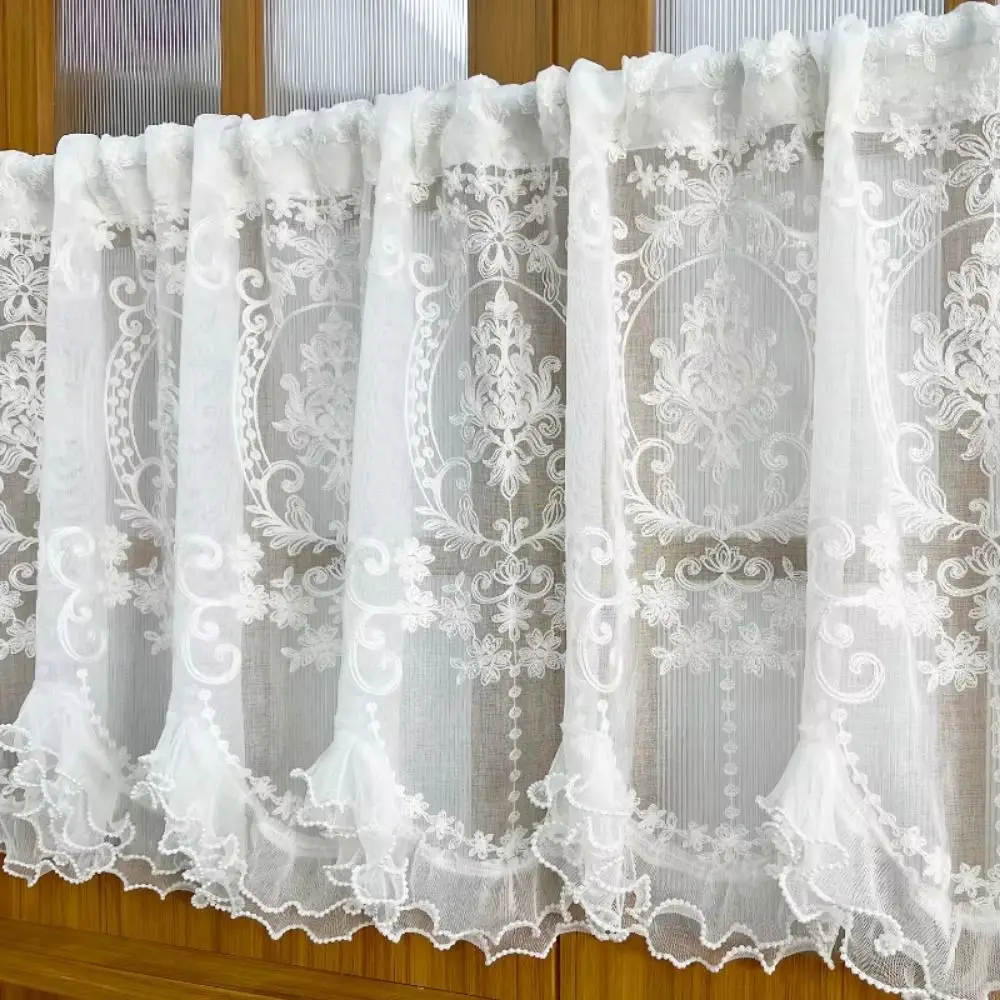 Embroidered Ruffled Lace Short Sheer Curtain Double Pearls Lace Bottom Wavy Edge Beaded Half Yarn Drapes French Style Romantic