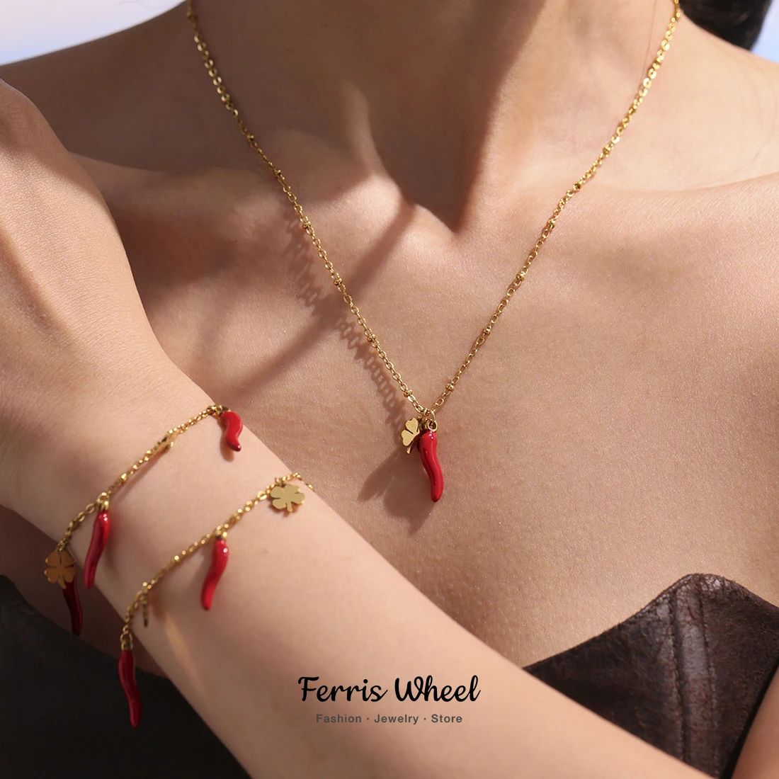 Chili Pendant Cute Necklace Bracelet for Women Stainless Steel Gold Plated Waterproof Chain Female Girl Jewelry Gift