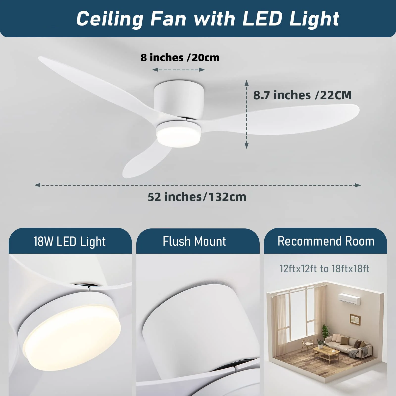 Ceiling fan light 52-inch white DC motor with light 48W with remote control simple household LED fan light 85V~265V