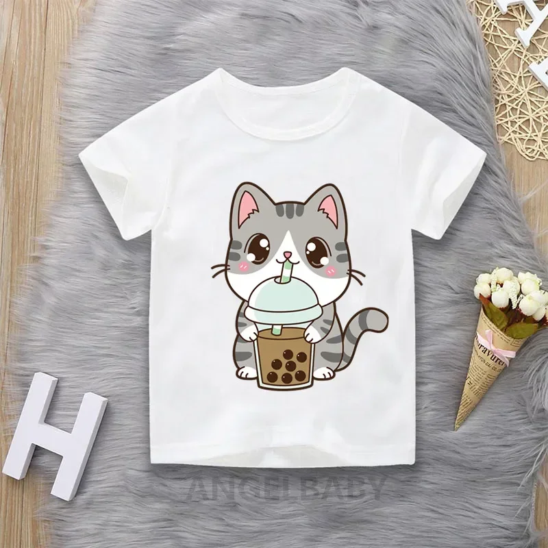 Cute CatLike Milk Tea Print Boys T shirt Funny Panda Dog Animals Kids Clothes Baby Girls Summer Children Short Sleeve T-shirts