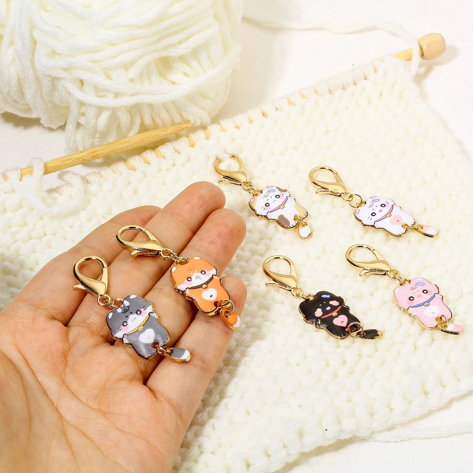 1 Set ( 6 PCs/Set) Knitting Stitch Markers Cat Animal Gold Plated Multicolor With Lobster Claw Clasp Stitch Markers 5.4cmx1.6cm