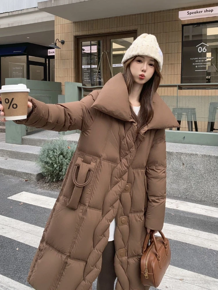 

Korean Down Jacket Women Fashion Large Lapel Mid-Length Parkas 2025 Winter Thicken Warm Snow Clothes 90 White Duck Puffer Coat