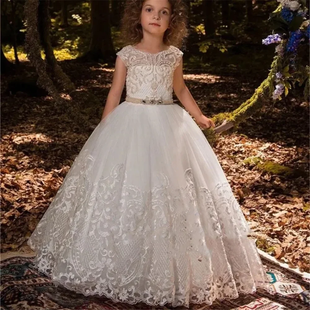 Flower Girl Ball Sleeveless Princess Gowns Custom Pageant Checks Lace Pearls First Communion Dresses For Little Bride Wedding