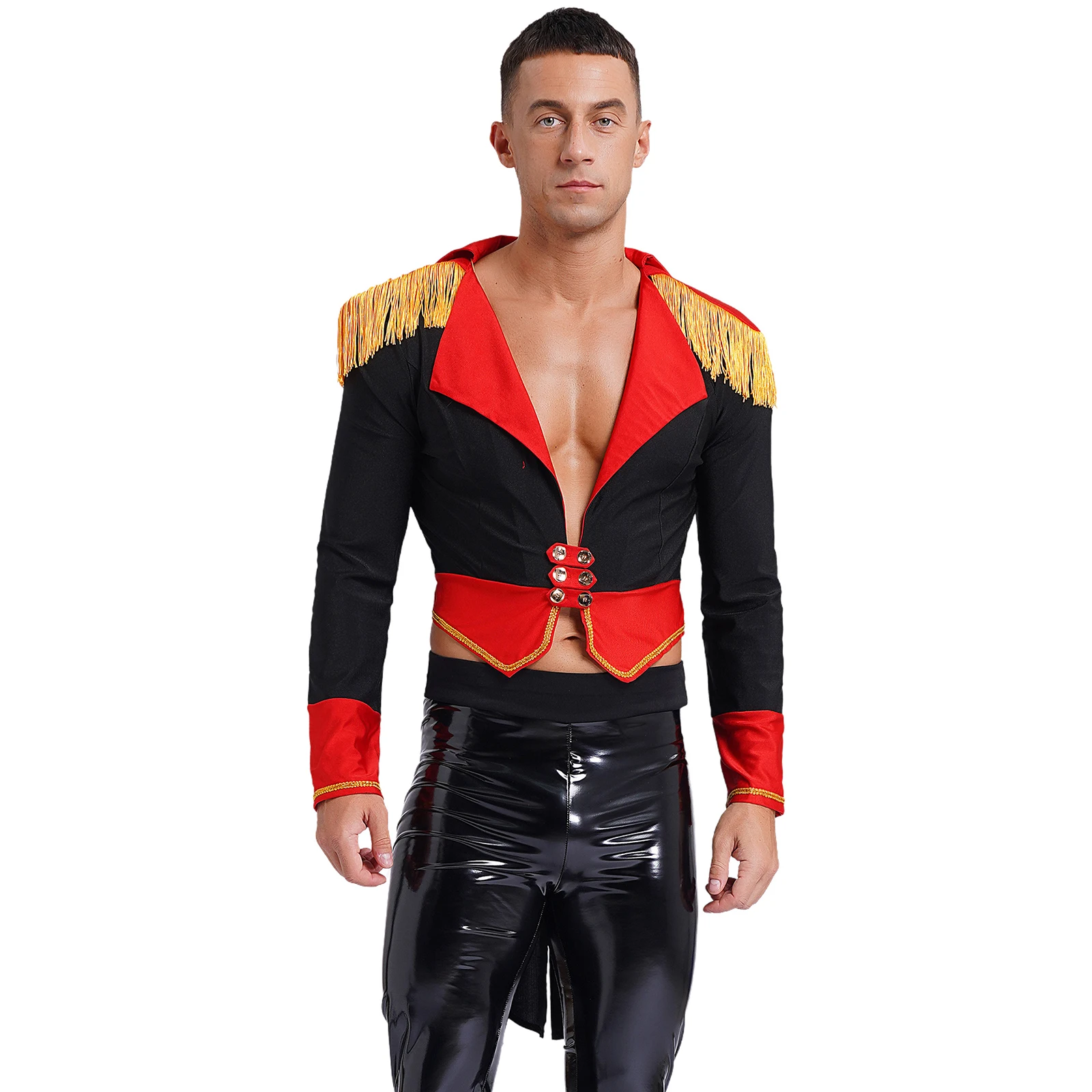 Mens Halloween Circus Magician Outerwear Circus Ringmaster Cosplay Costume Long Sleeve Deep V Neck Double-Breasted Tailcoat